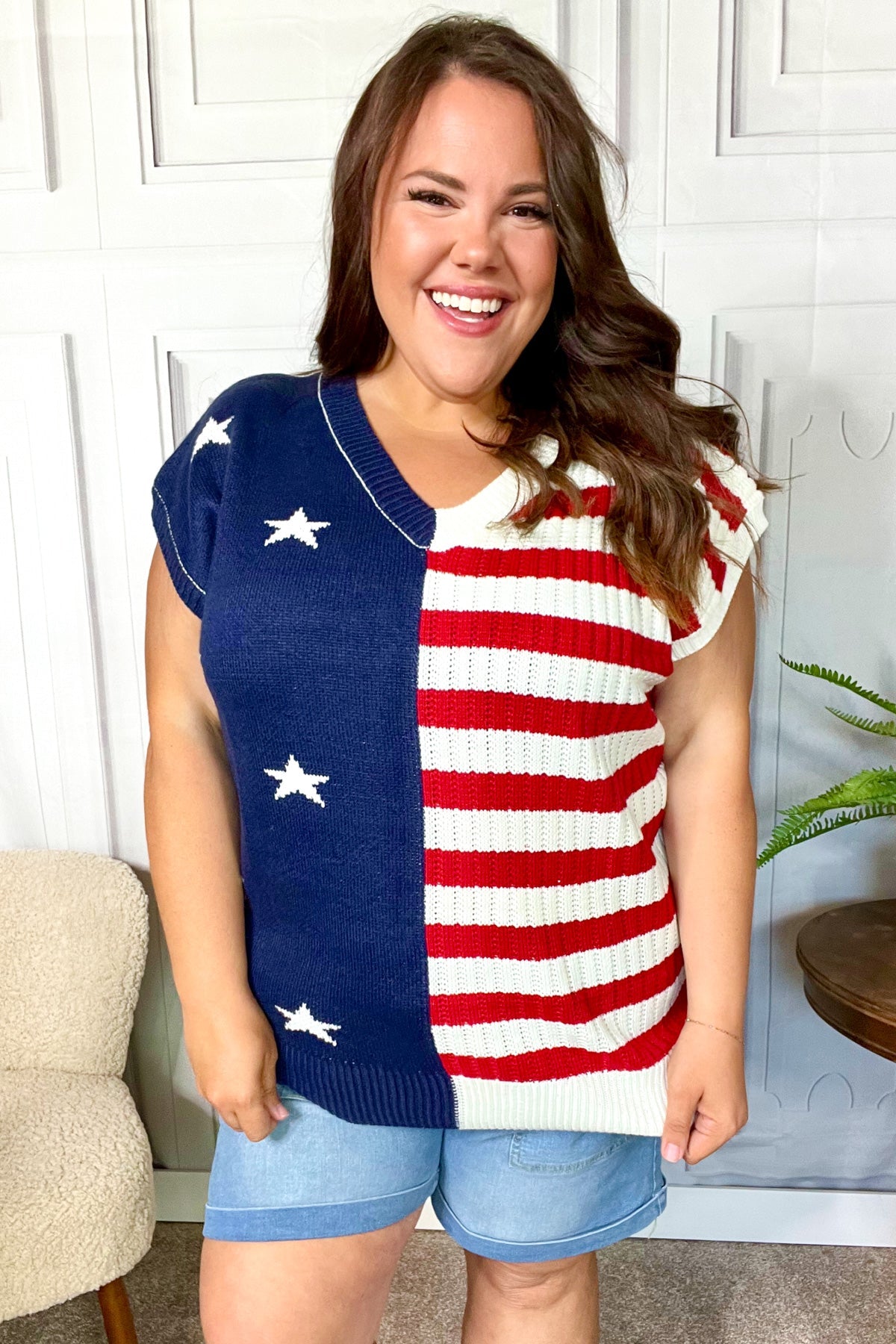 Stars & Stripes Americana V Neck Dolman Sweater Top