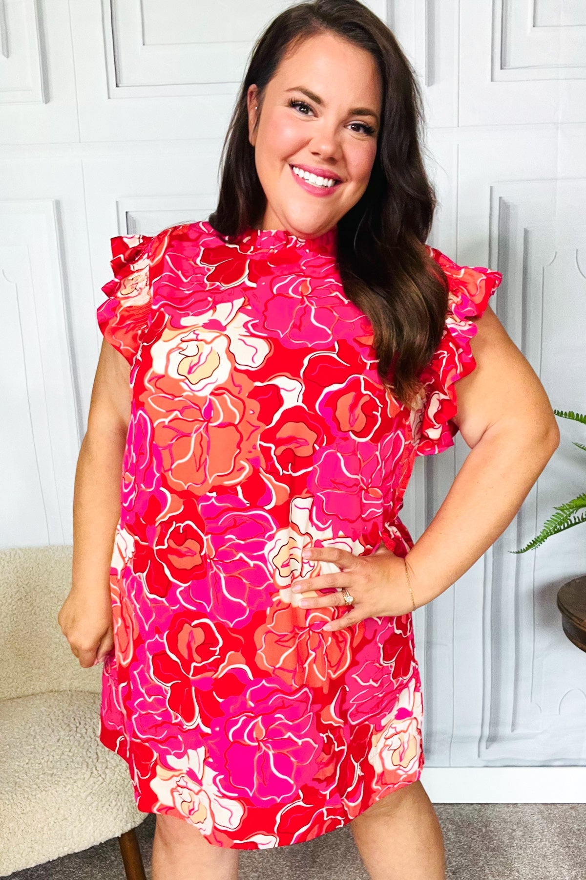 True Love Pink & Red Floral Smocked Ruffle Sleeve Dress