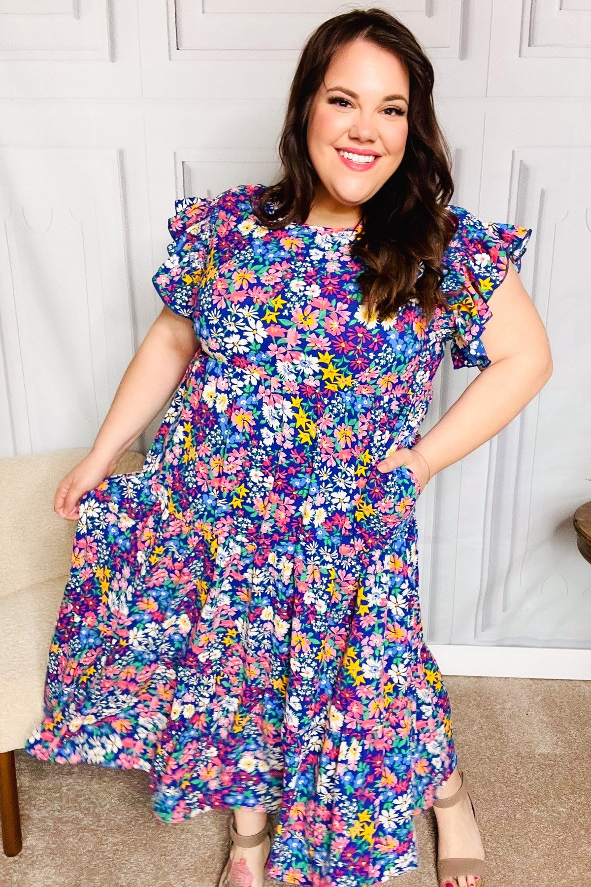 Just A Dream Navy Floral Smocked Ruffle Sleeve Maxi Dress