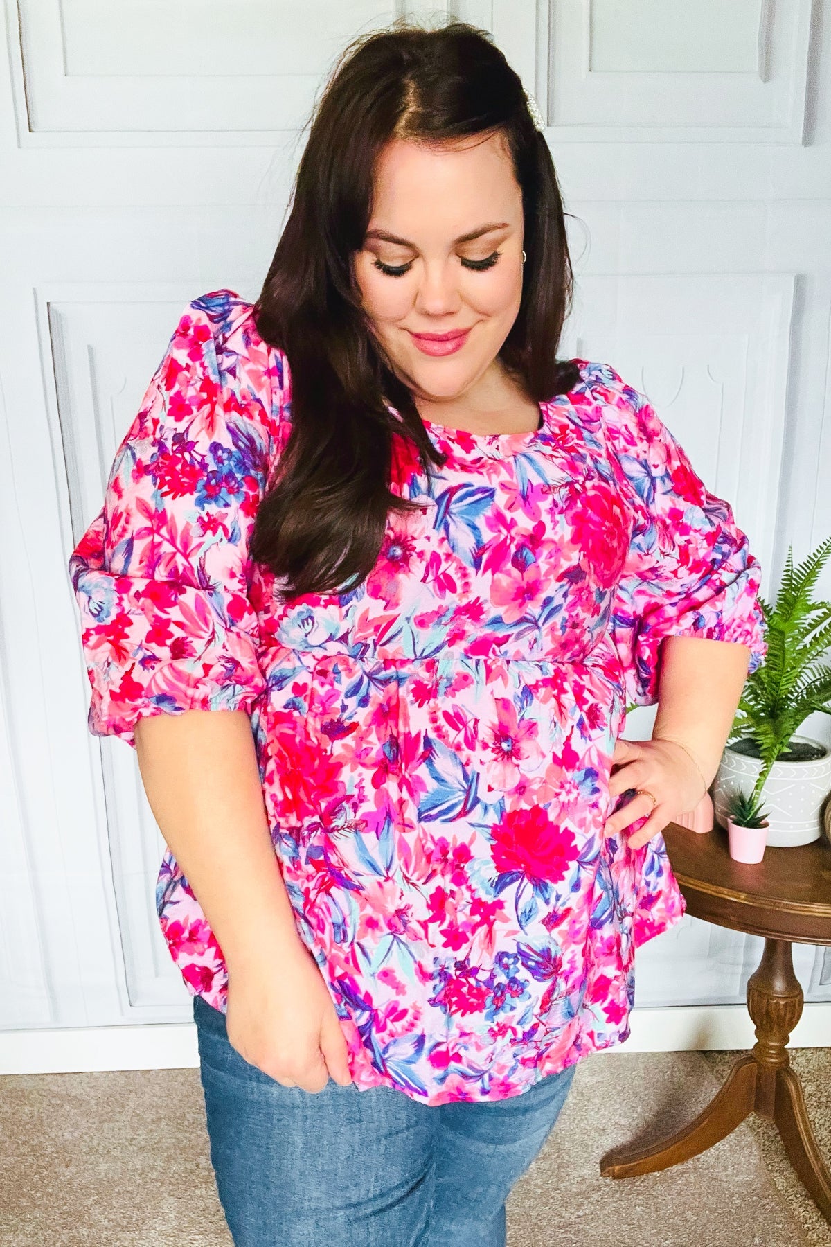 Feeling Femmi Pink & Fuchsia Floral Peplum Woven Top