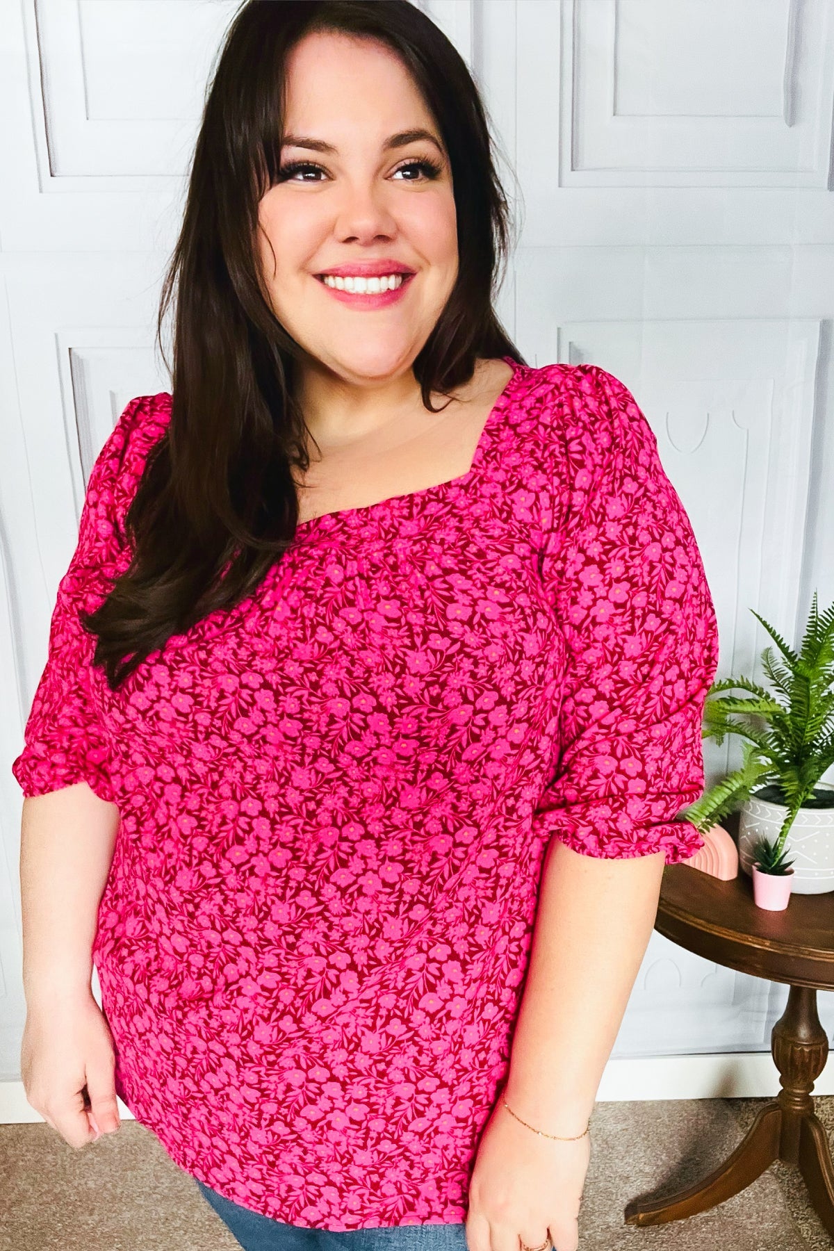 Perfectly You Fuchsia Floral Three Quarter Sleeve Square Neck Top