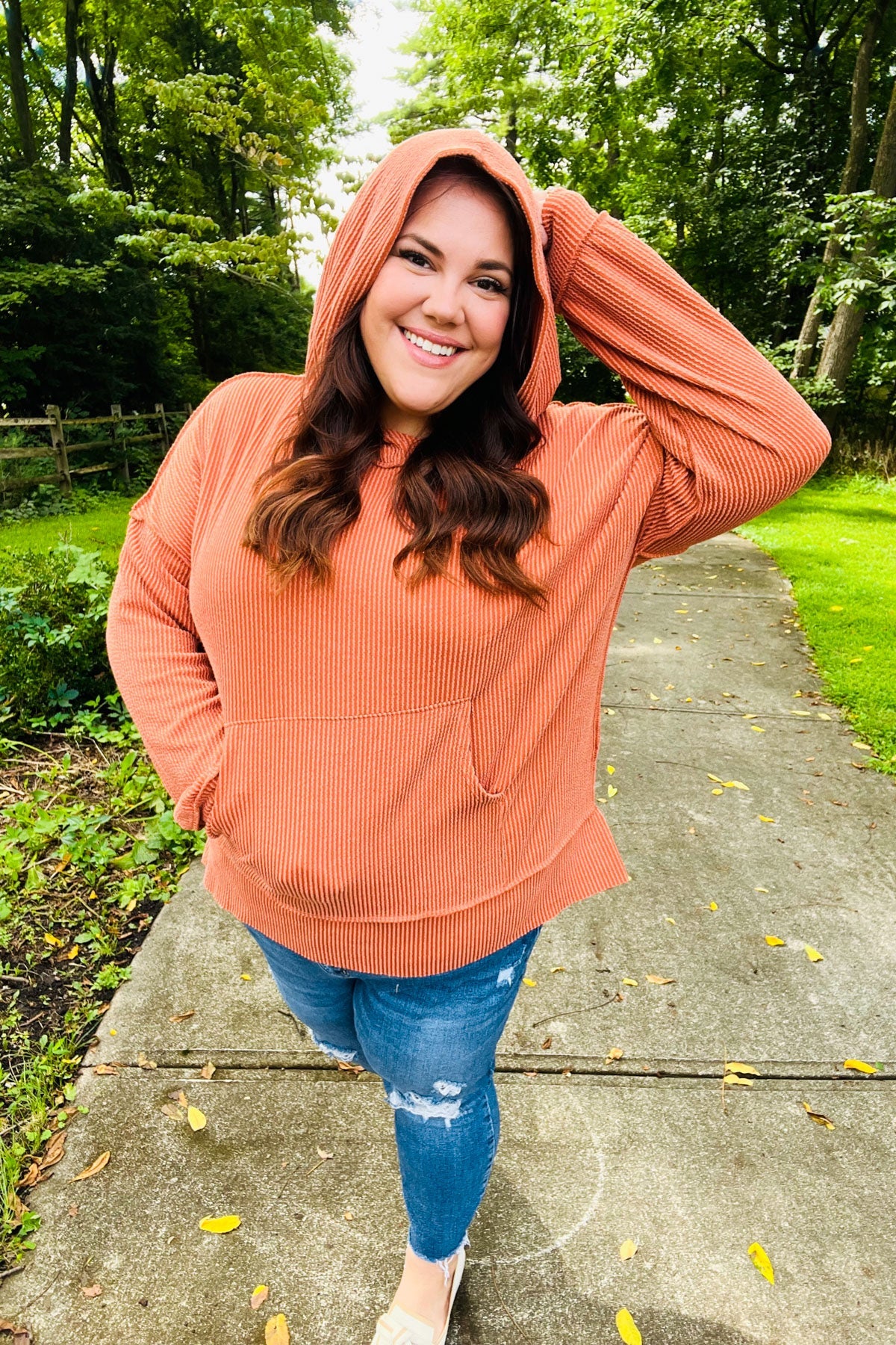 Cozy Days Rust Mineral Wash Rib Knit Hoodie