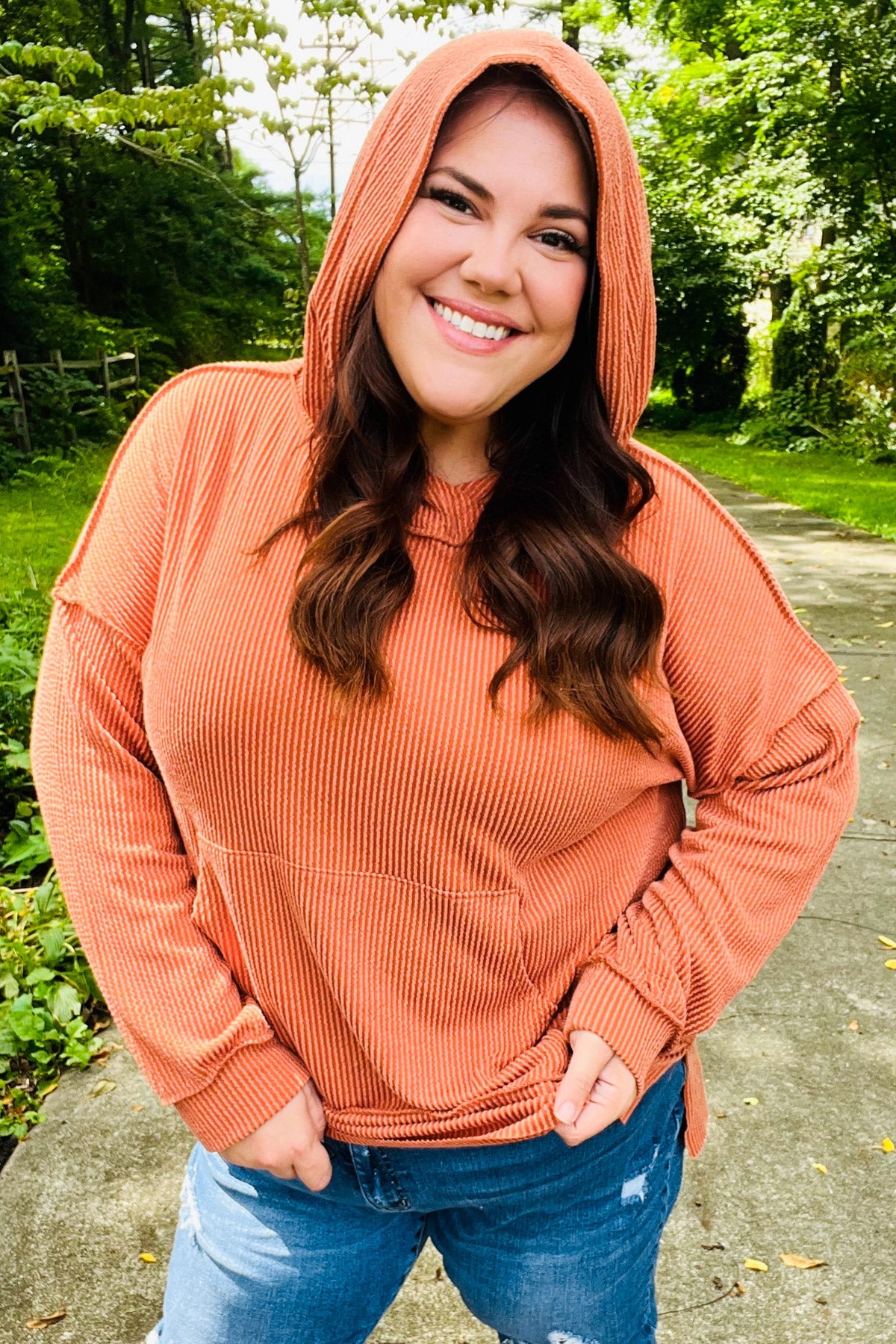 Cozy Days Rust Mineral Wash Rib Knit Hoodie