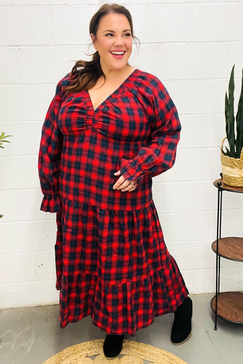 All I Want Red Plaid Elastic V Neck Tiered Maxi Dress