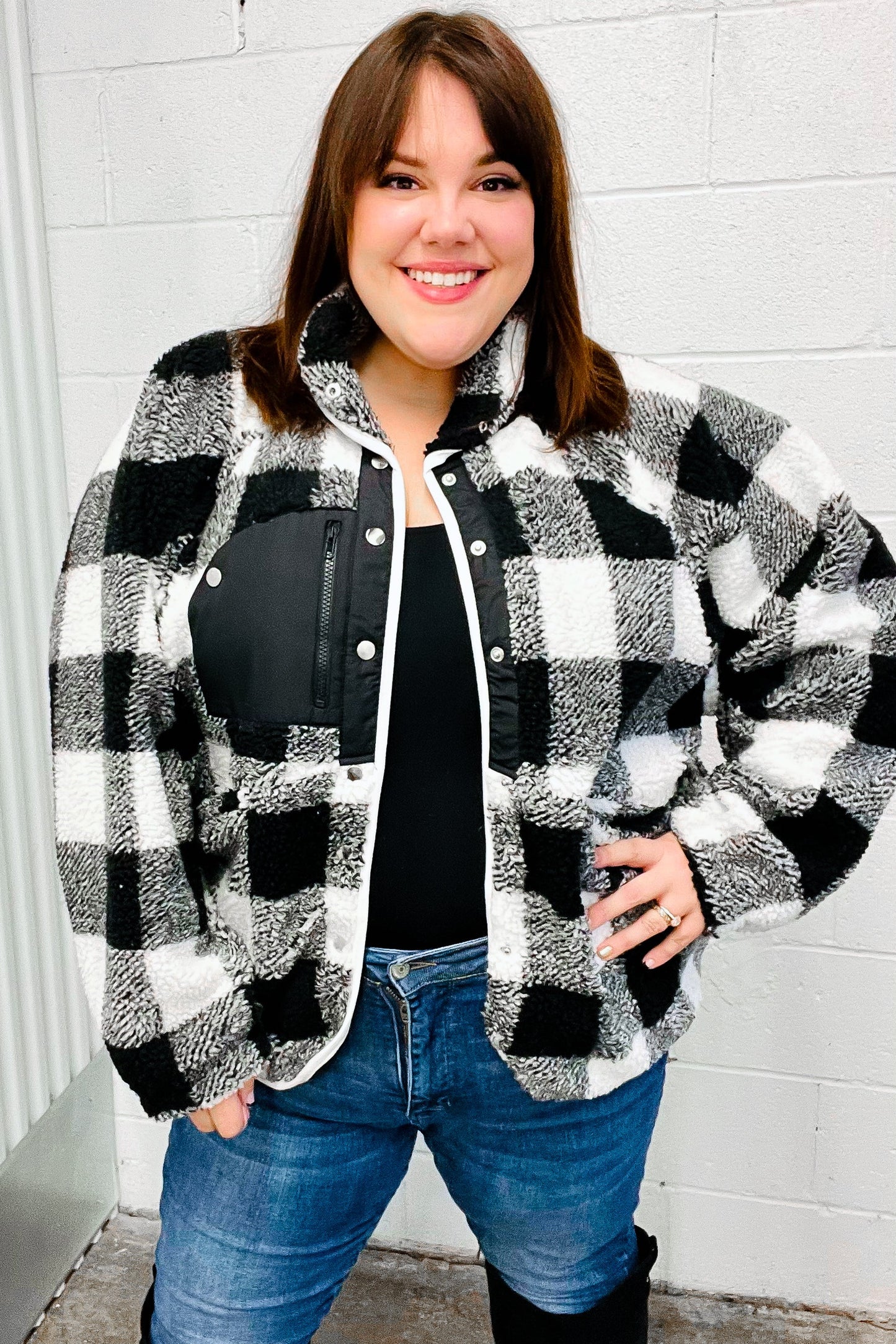 It's Your Best Black & Ivory Plaid Sherpa Button Down Jacket