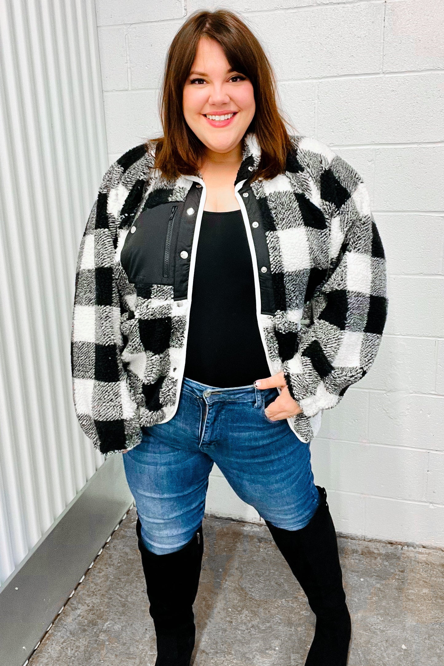 It's Your Best Black & Ivory Plaid Sherpa Button Down Jacket