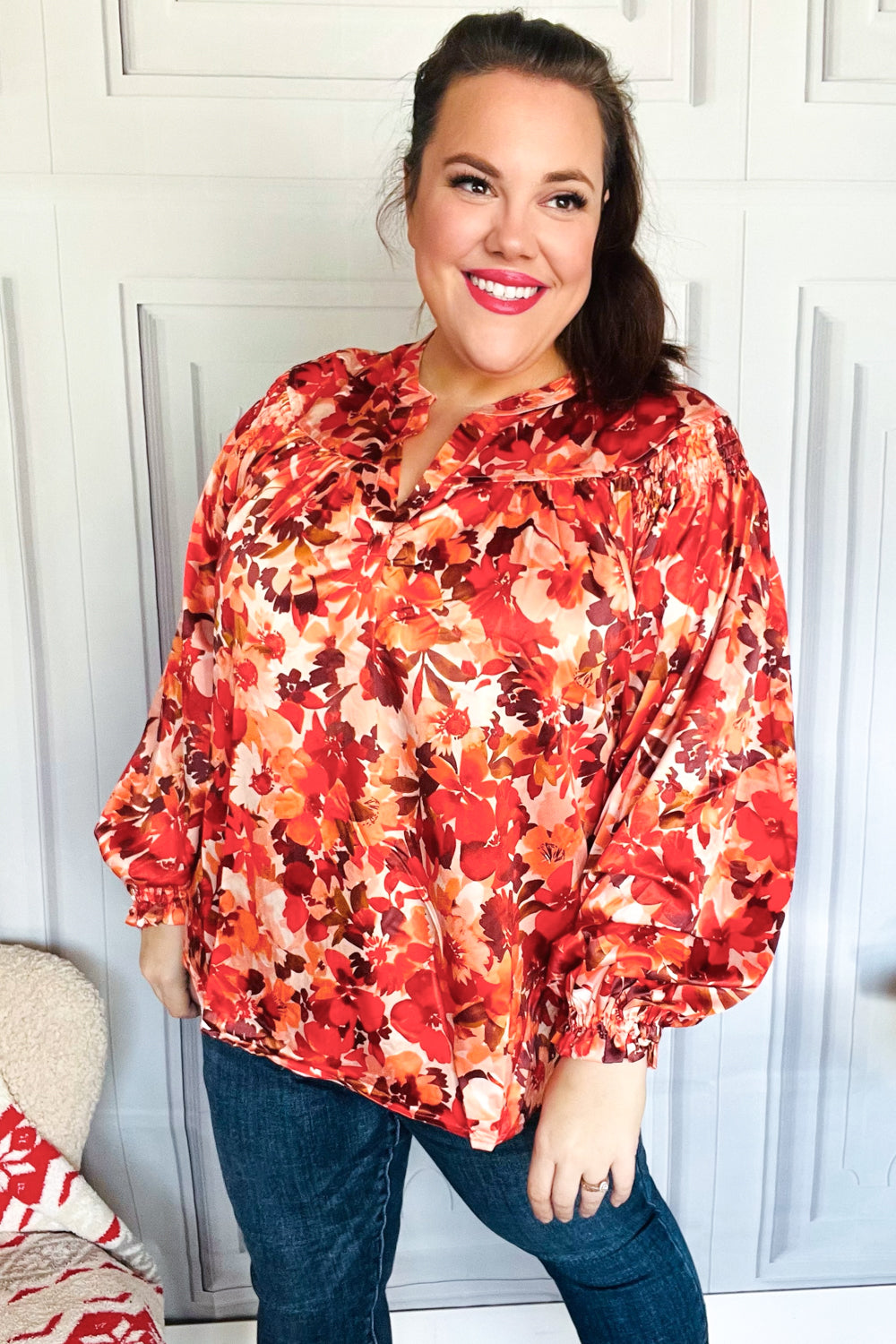 Fall Vibes Rust Floral Print Notched Neck Smocked Satin Top