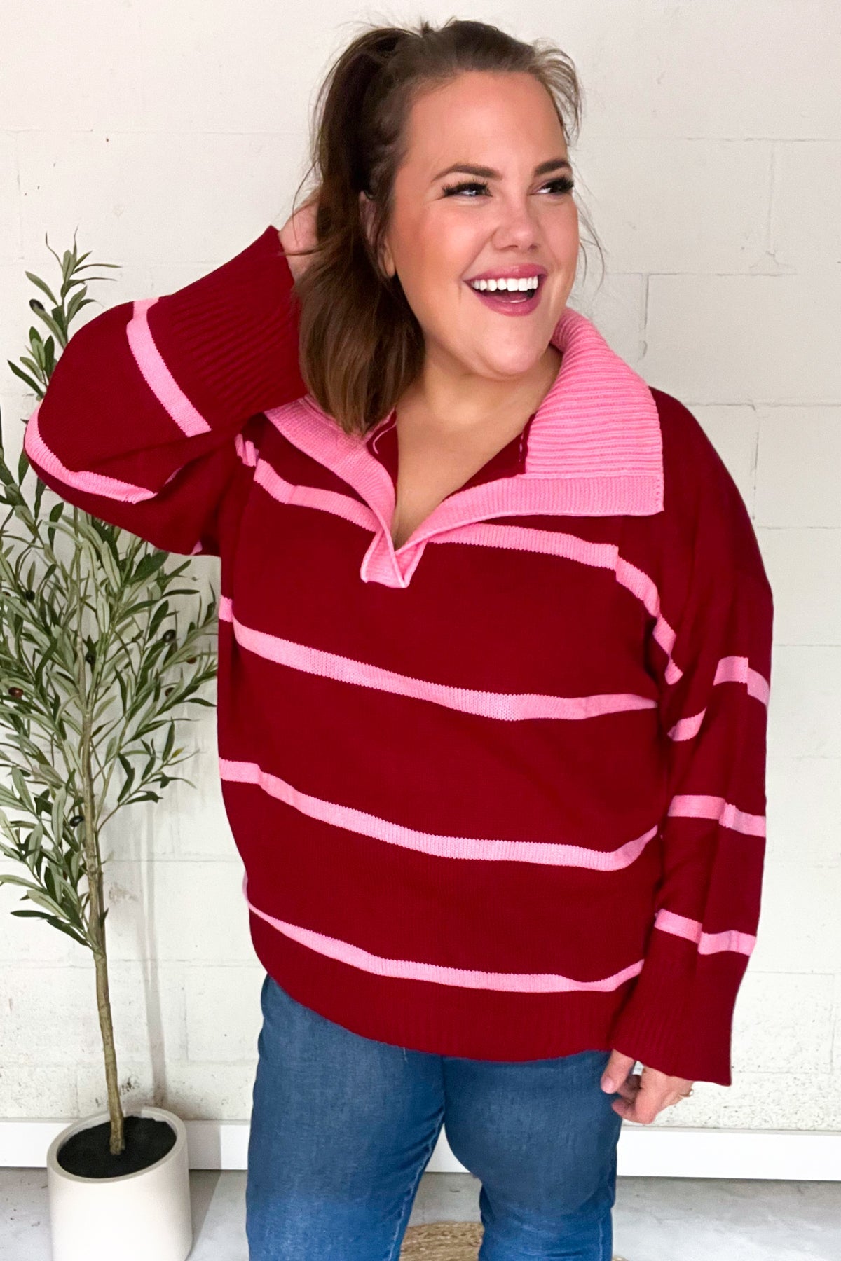 Fall For You Crimson Stripe Notched Neck Collared Oversized Sweater