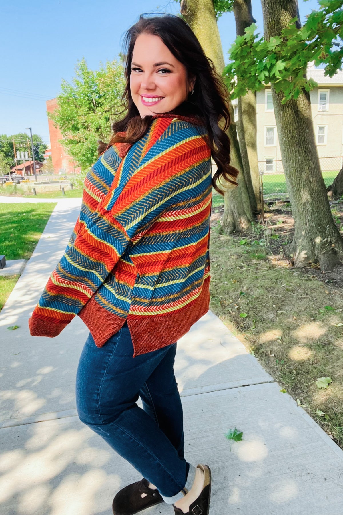 Casual Living Rust & Teal Striped Two Tone Knit Pocketed Top