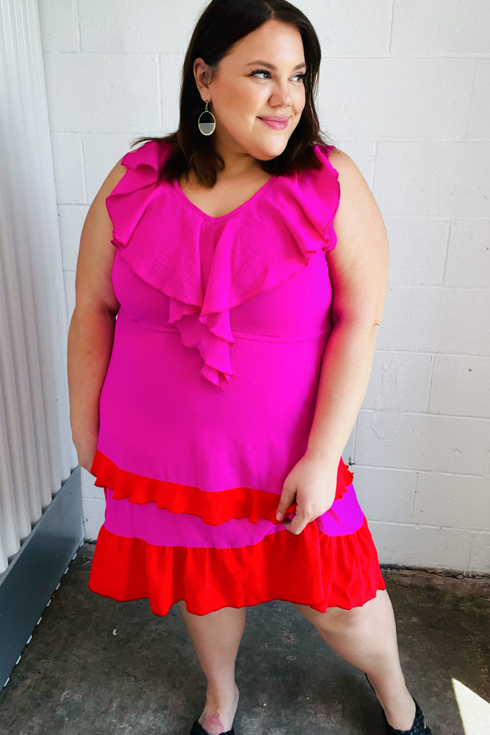 Fuchsia Ruffle V Neck Crepe Tiered Midi Dress