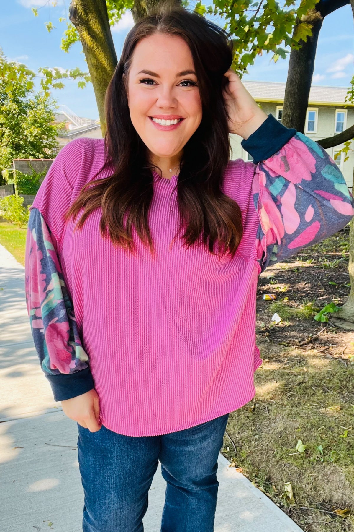 Weekend Ready Magenta & Navy Floral Mineral Wash Rib Dolman Top