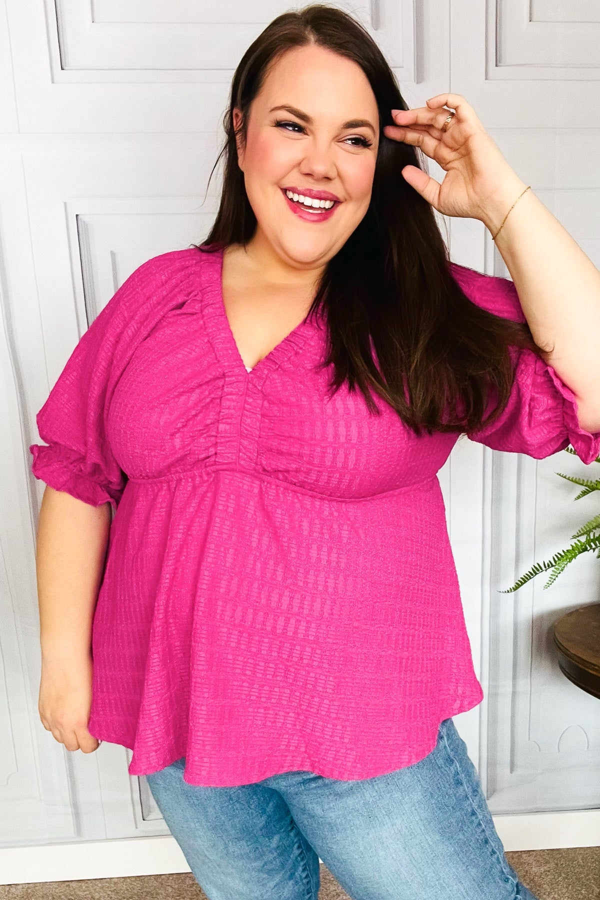 Feeling Strong Fuchsia Textured V Neck Babydoll Top