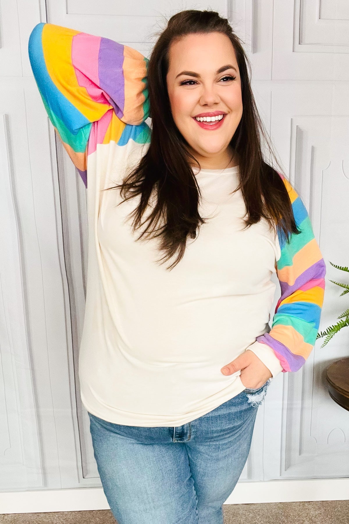 Just For You Rainbow Bubble Sleeve Terry Raglan Top