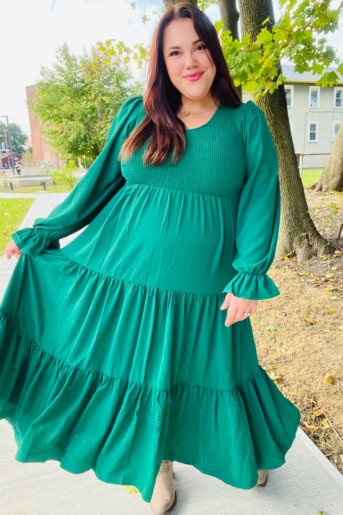 Beautiful You Green Smocked Ruffle Sleeve Maxi Dress