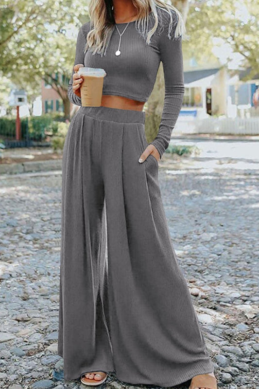 RTS: The Kat Long Sleeve Crop and Wide Leg Pant Set-