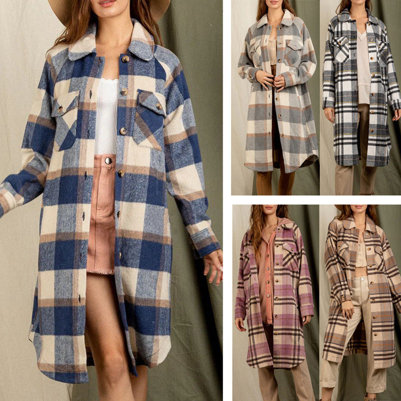 🤎Checkered Lapel Pocket Long Shacket