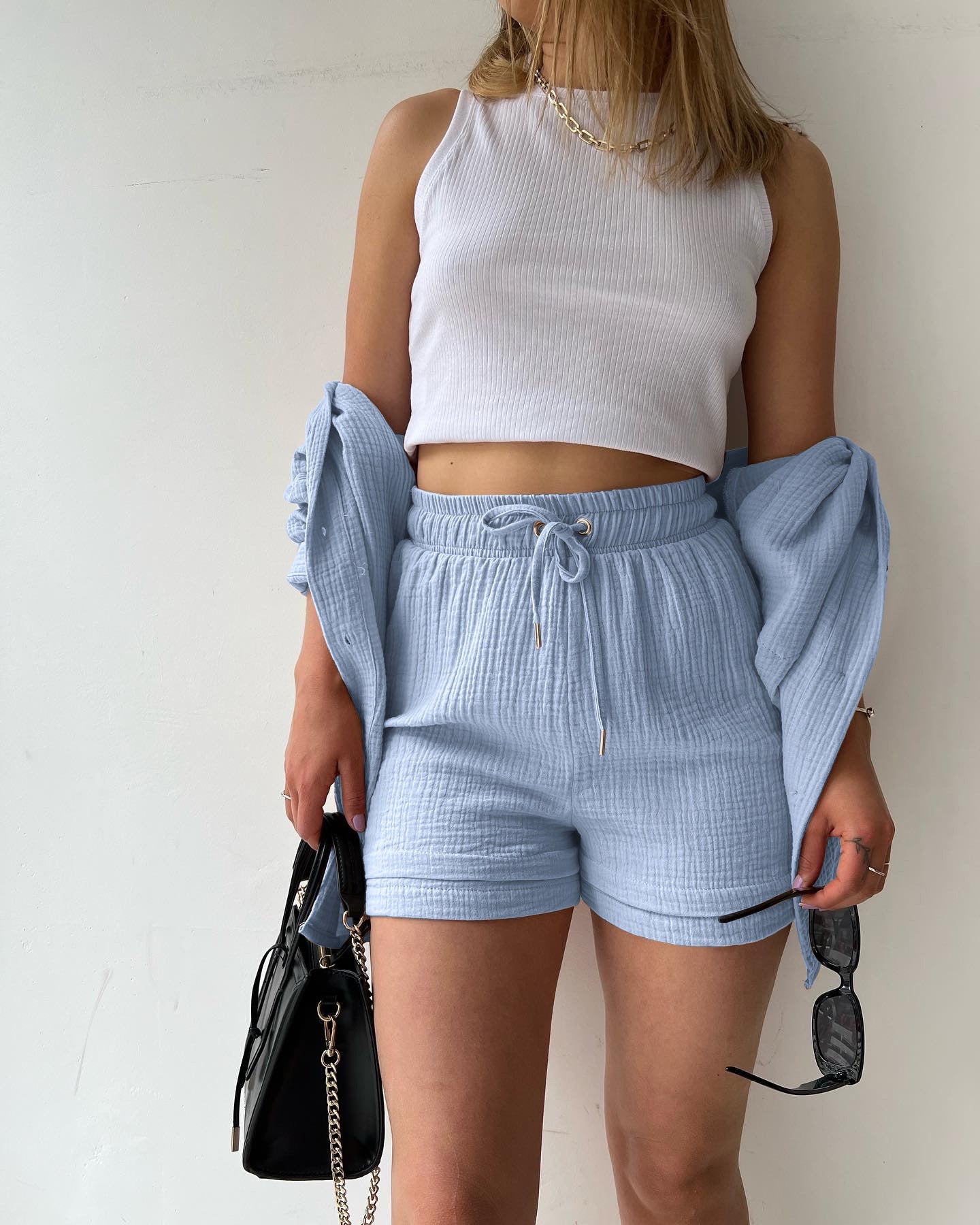 Textured Shirt + Drawstring Shorts 2-Piece Set