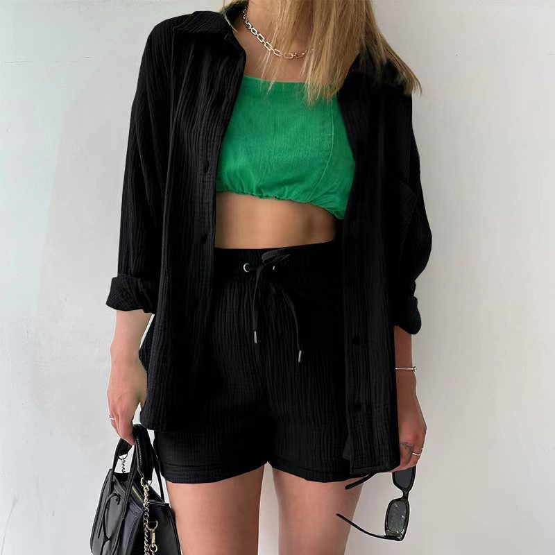 Textured Shirt + Drawstring Shorts 2-Piece Set