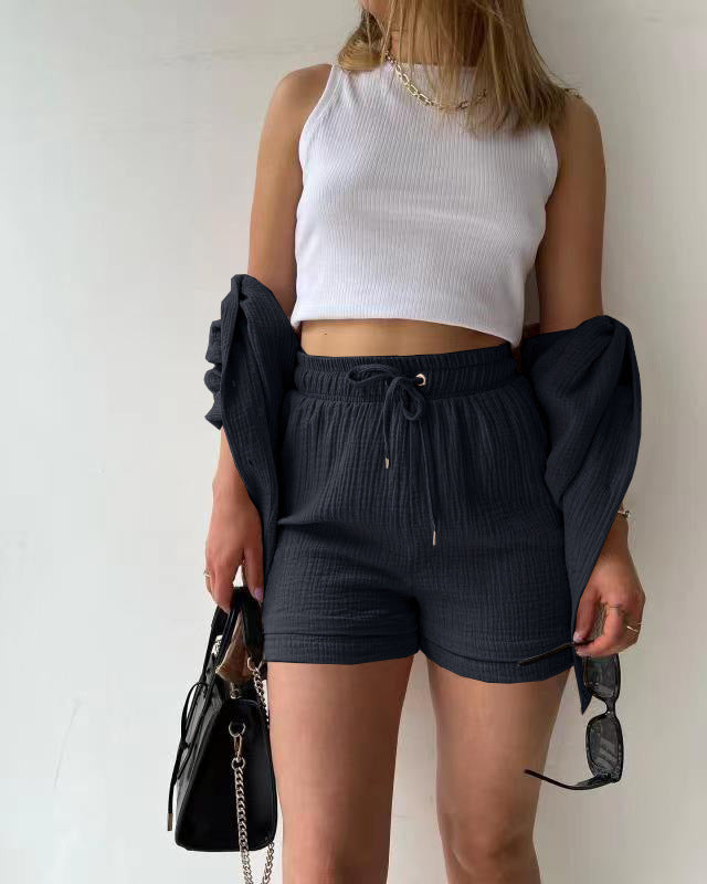 Textured Shirt + Drawstring Shorts 2-Piece Set