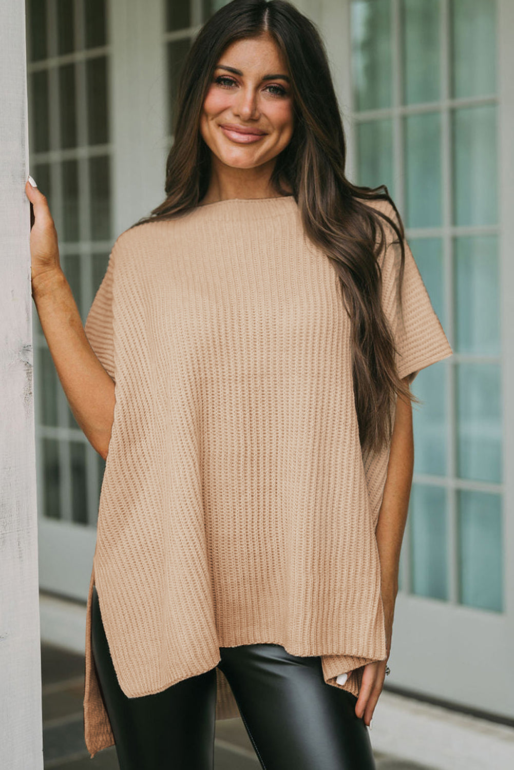 Short Sleeve Side Slit Oversized Sweater