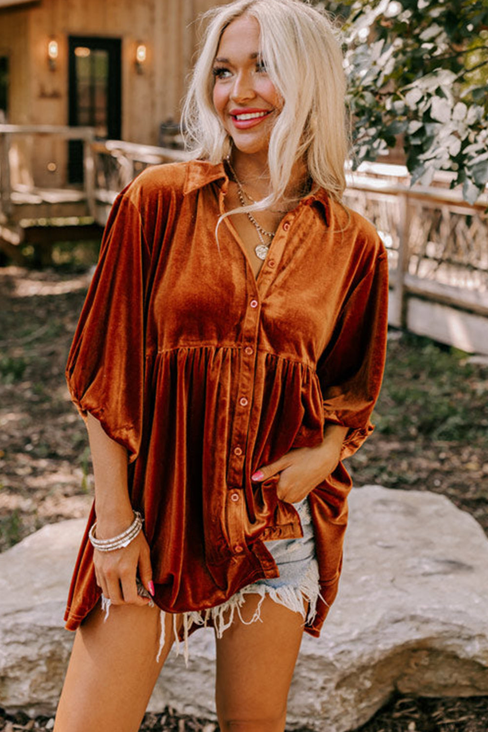 3/4 Sleeve Tunic Babydoll Velvet Shirt