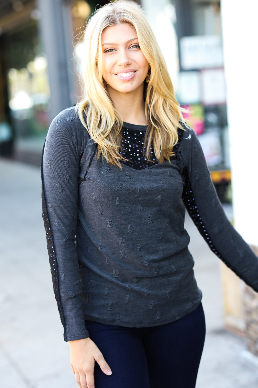 Charcoal Distressed Eyelet Outseam Stitch Top