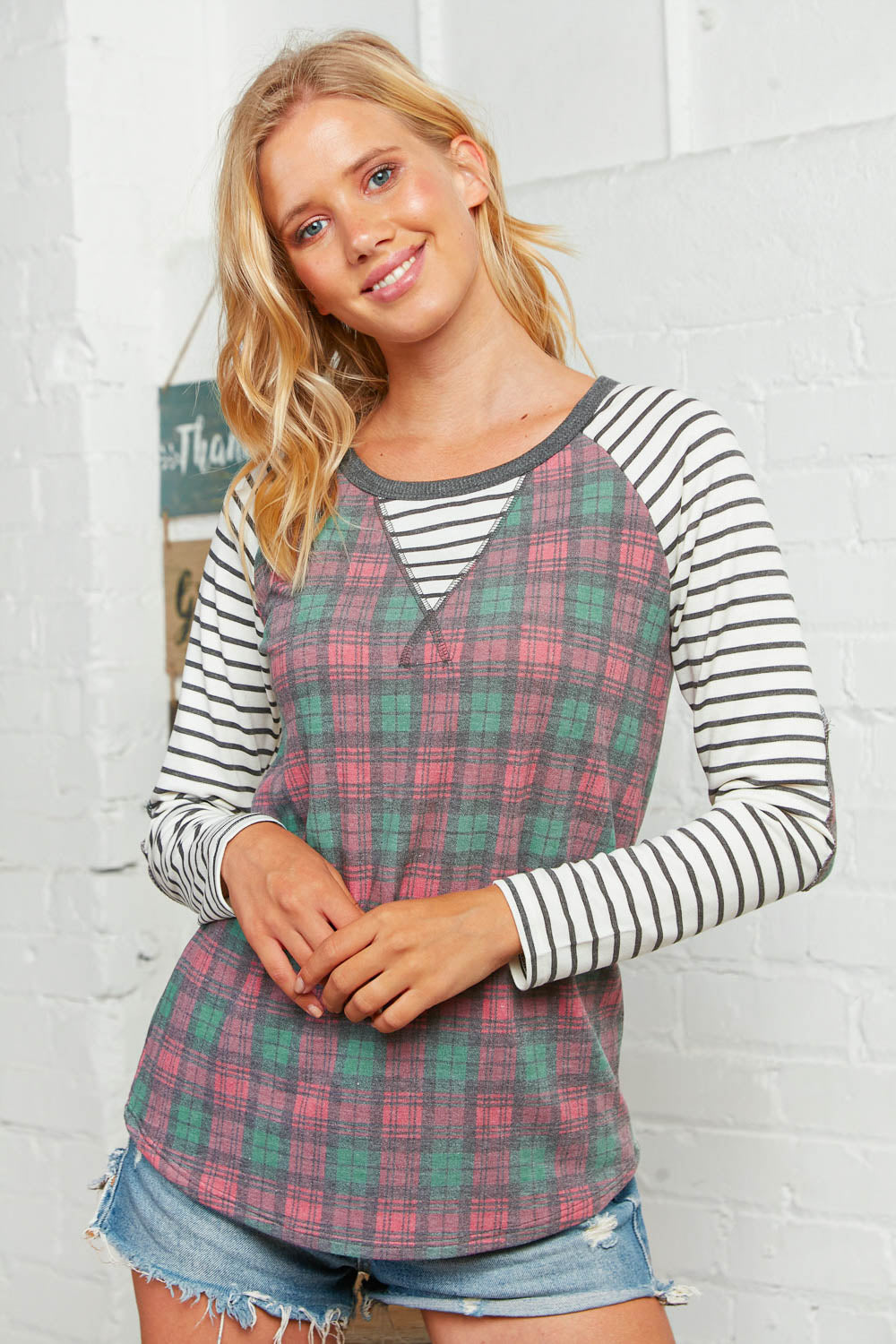 Plaid and Stripe Elbow Pad Raglan Top