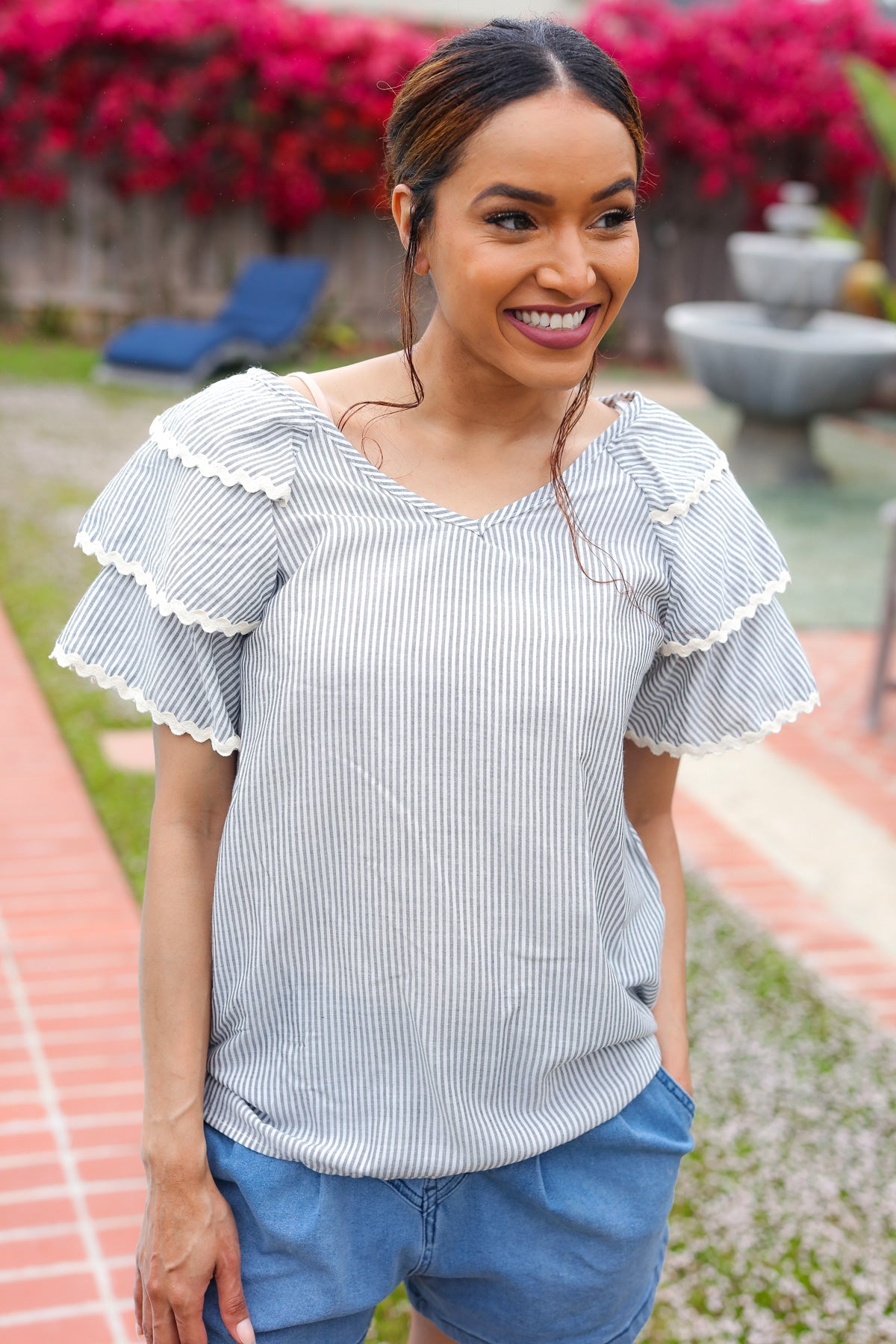 Lovely In Gray Stripe Tiered Ruffle Sleeve Ric Rac Trim Top