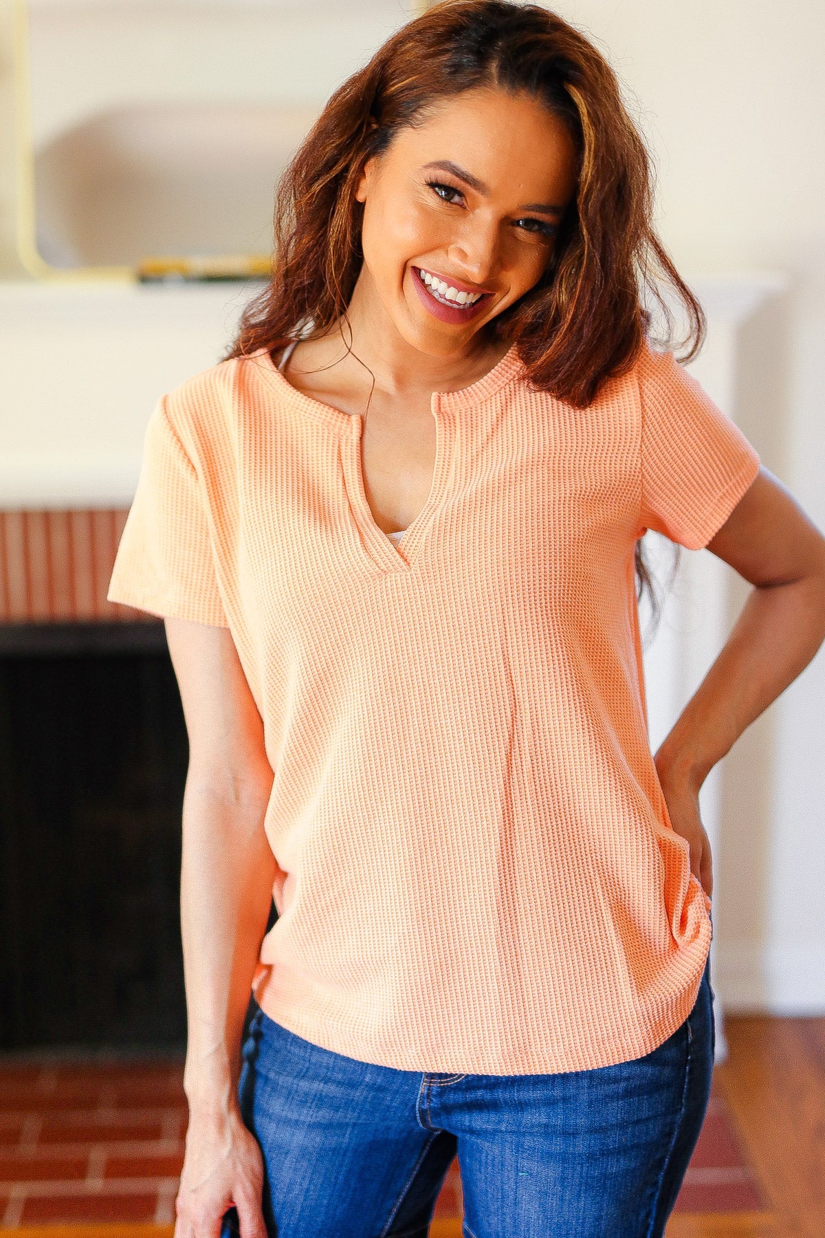 Feel Your Best Coral Baby Waffle Henley Neckline Top