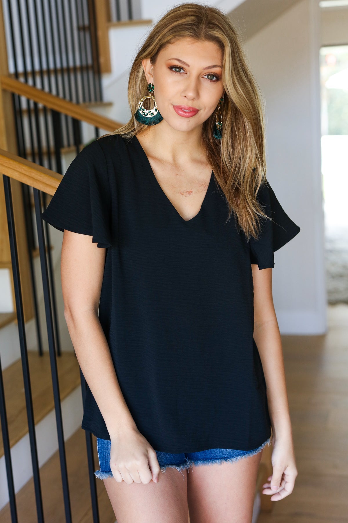 Keep Your Cool Black Flutter Sleeve V Neck Top