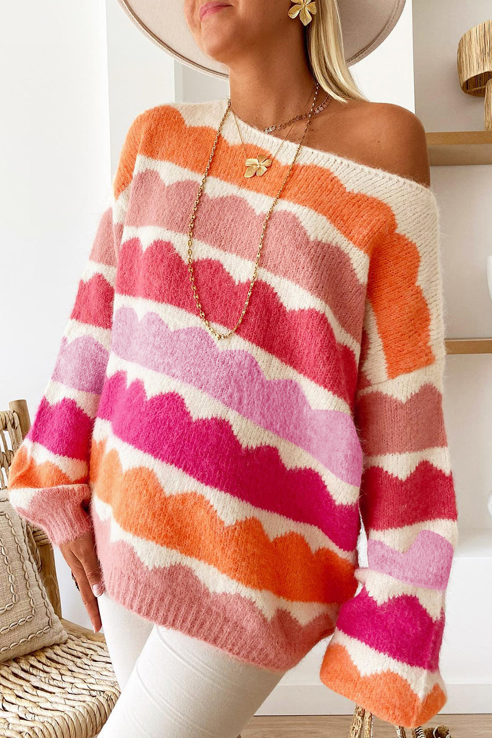 Wave Striped Balloon Sleeve Loose Sweater