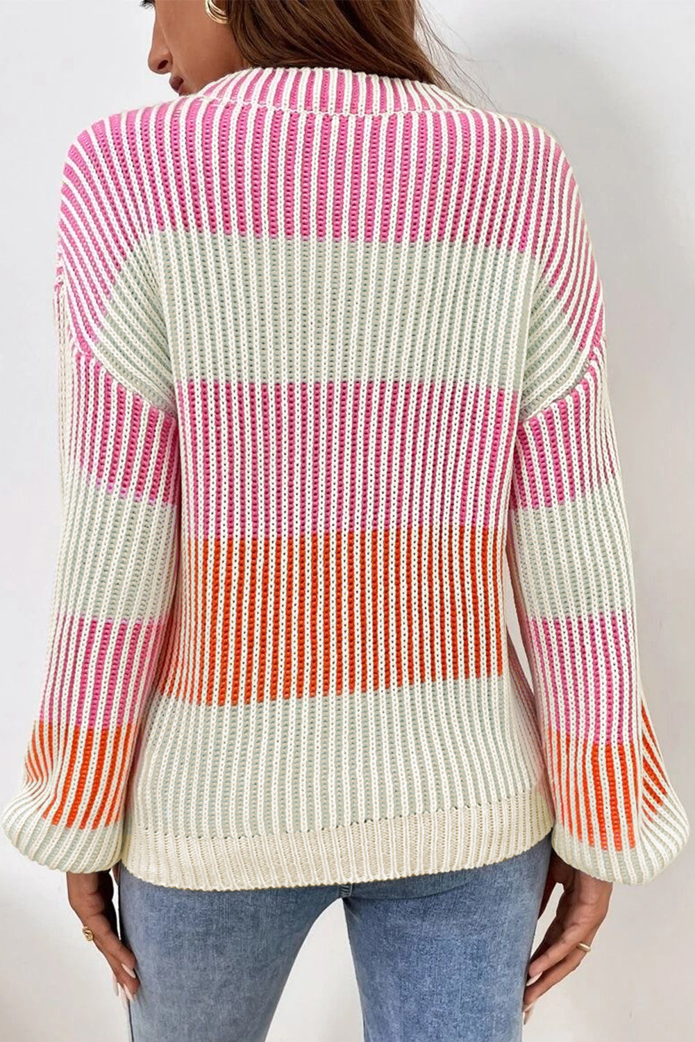 Colorblock Textured Knit Bubble Sleeve Sweater