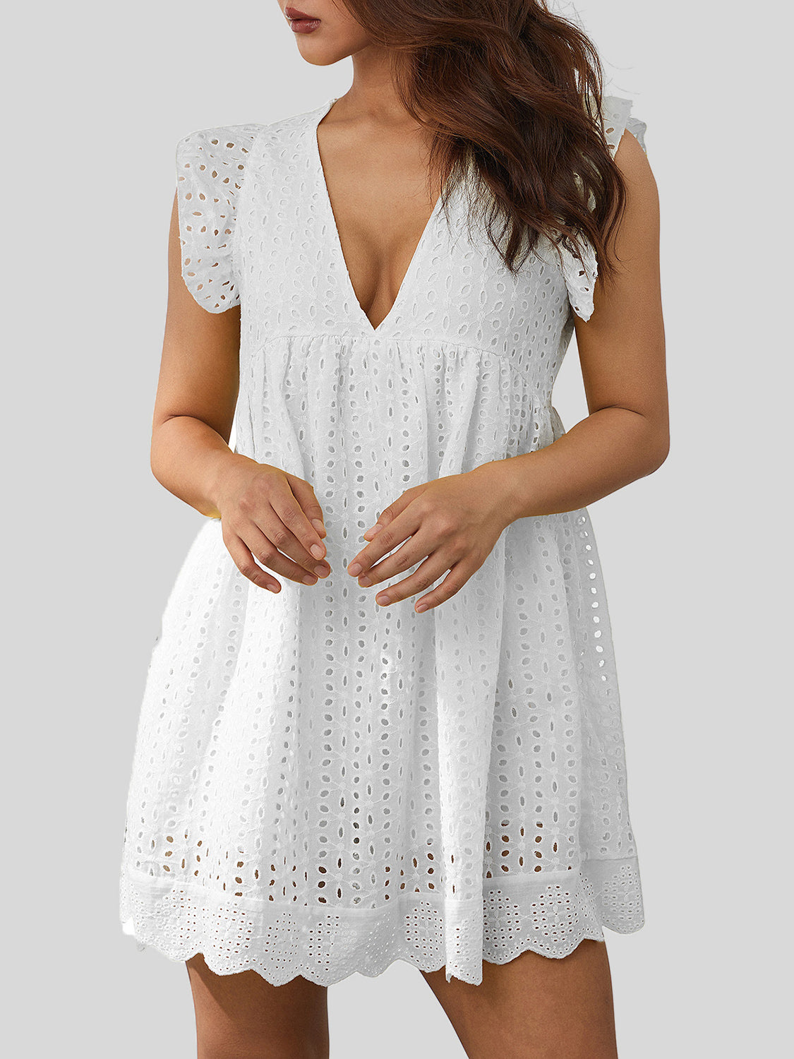 🤍Ruffled Eyelet Cap Sleeve Mini Dress