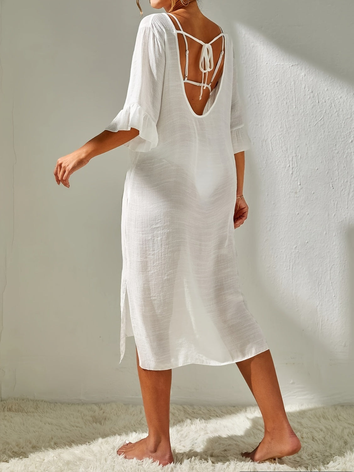 ☀️Slit V-Neck Flounce Sleeve Cover-Up