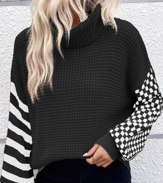 Striped and Checked Waffle Turtleneck Sweater