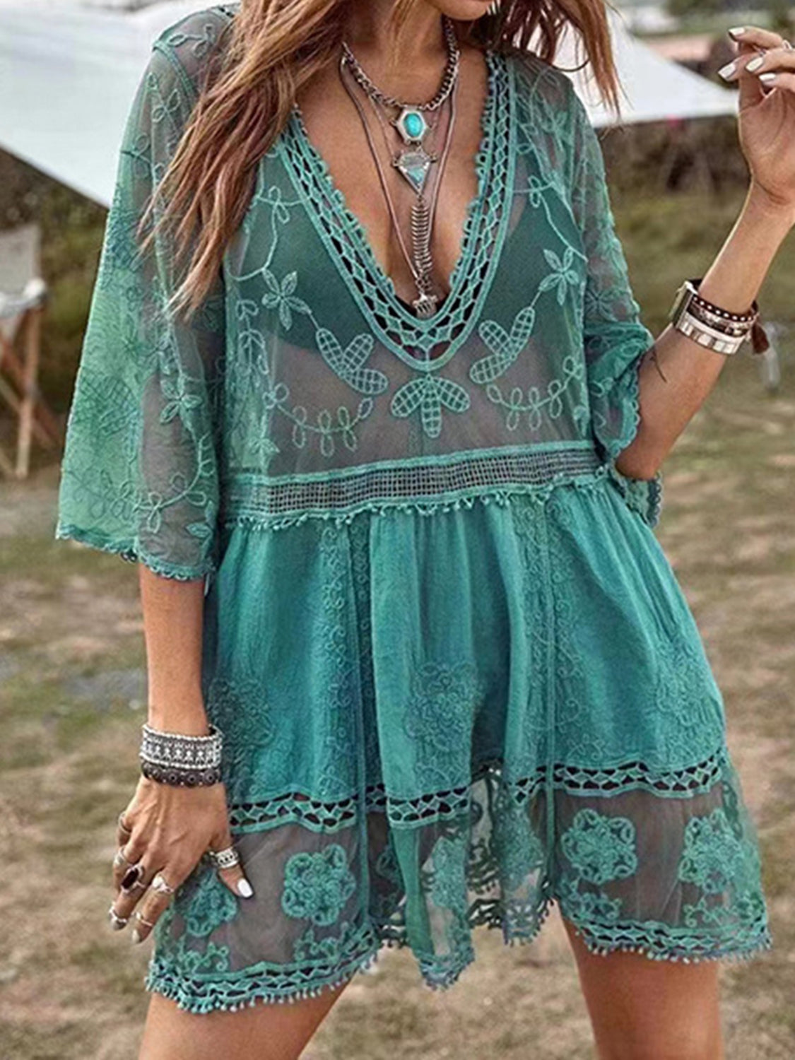 🤍Lace Detail Plunge Cover-Up Dress