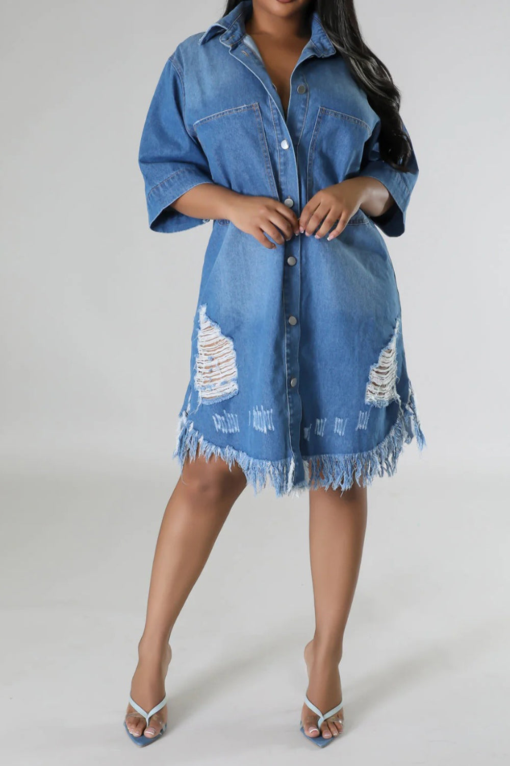 🔷Distressed Raw Hem Button Up Denim Dress