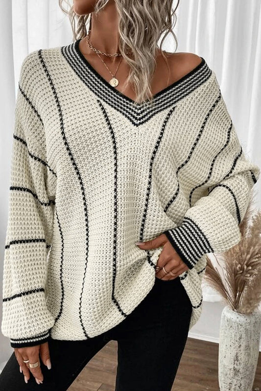 Colorblock Striped V Neck Knitted Sweater