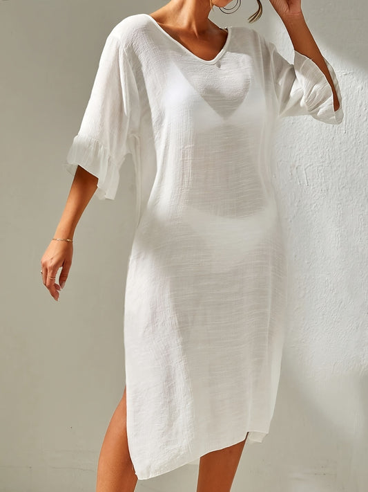 ☀️Slit V-Neck Flounce Sleeve Cover-Up