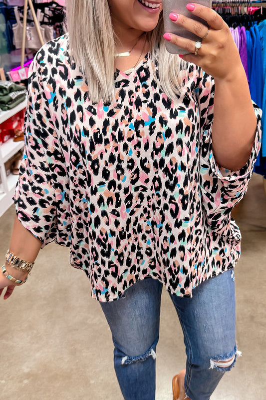 Plus Size Leopard V Neck Batwing Sleeve Top