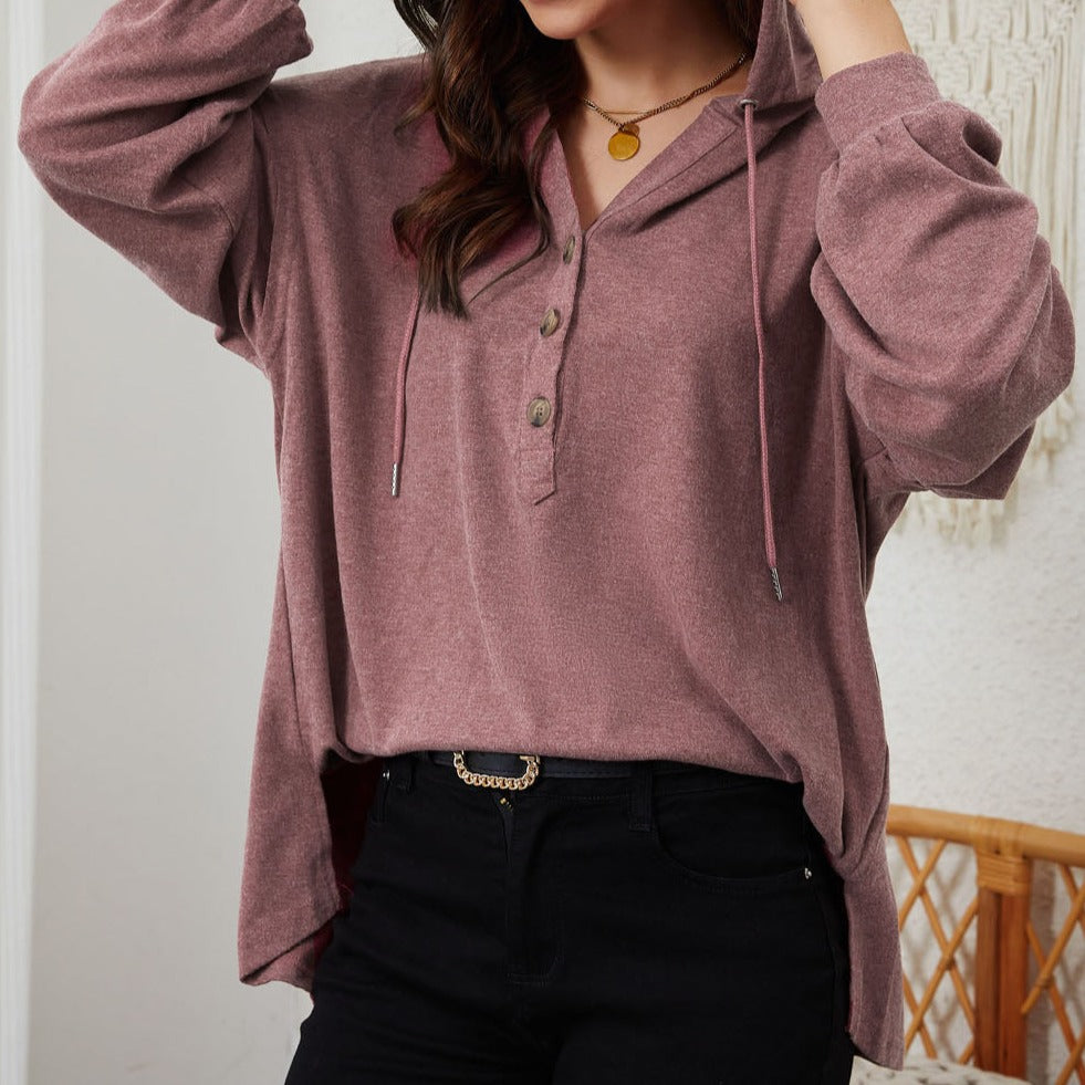 Buttoned High and Low Hem Hoodie