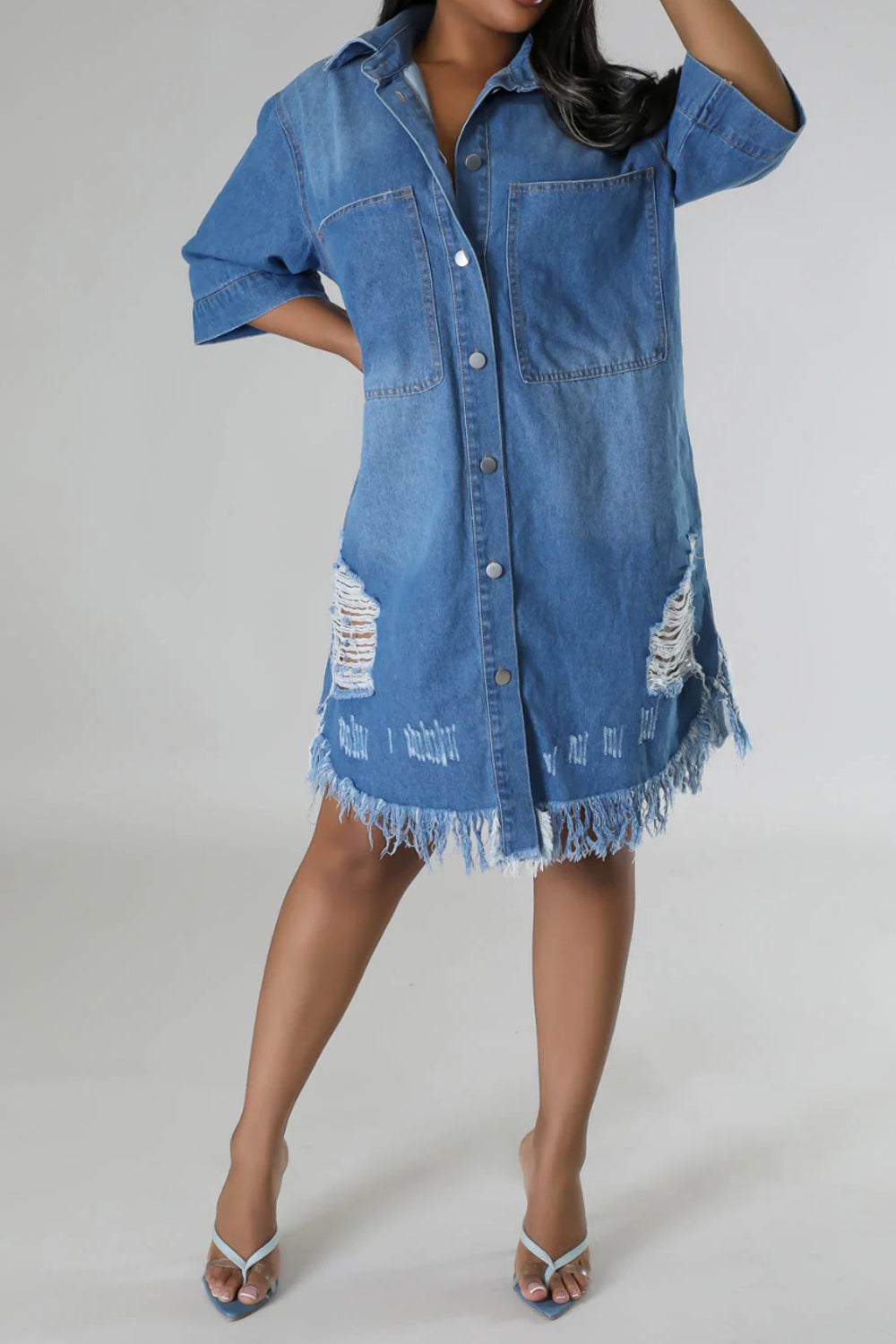 🔷Distressed Raw Hem Button Up Denim Dress