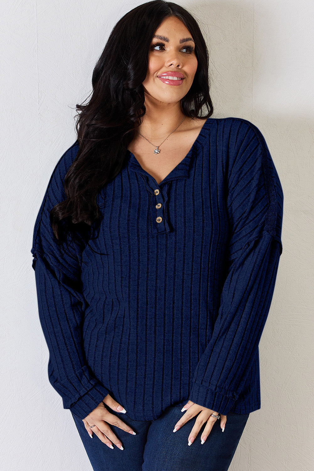 Ribbed Half Button Long Sleeve Shirt