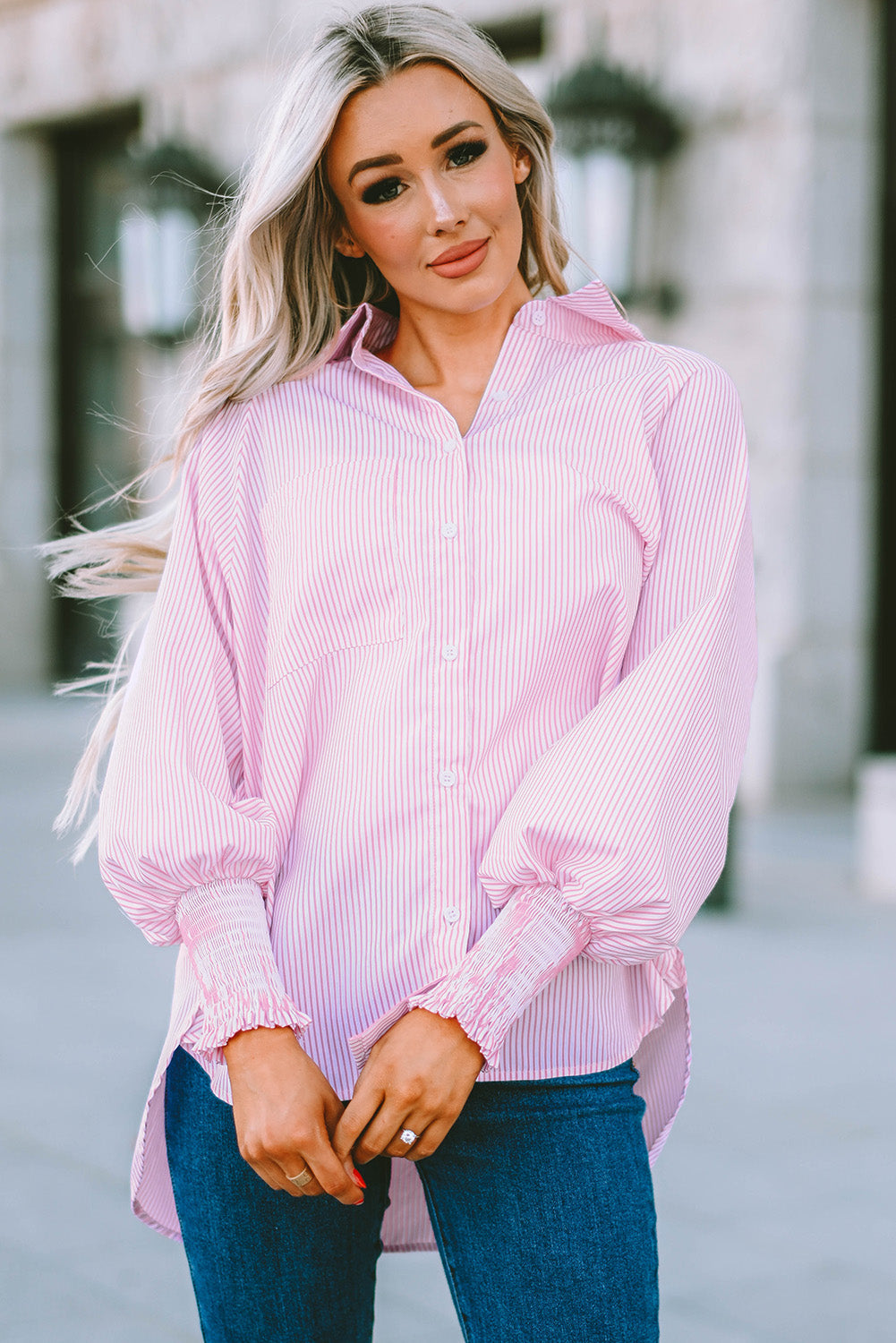 Smocked Cuffed Striped Shirt with Pocket