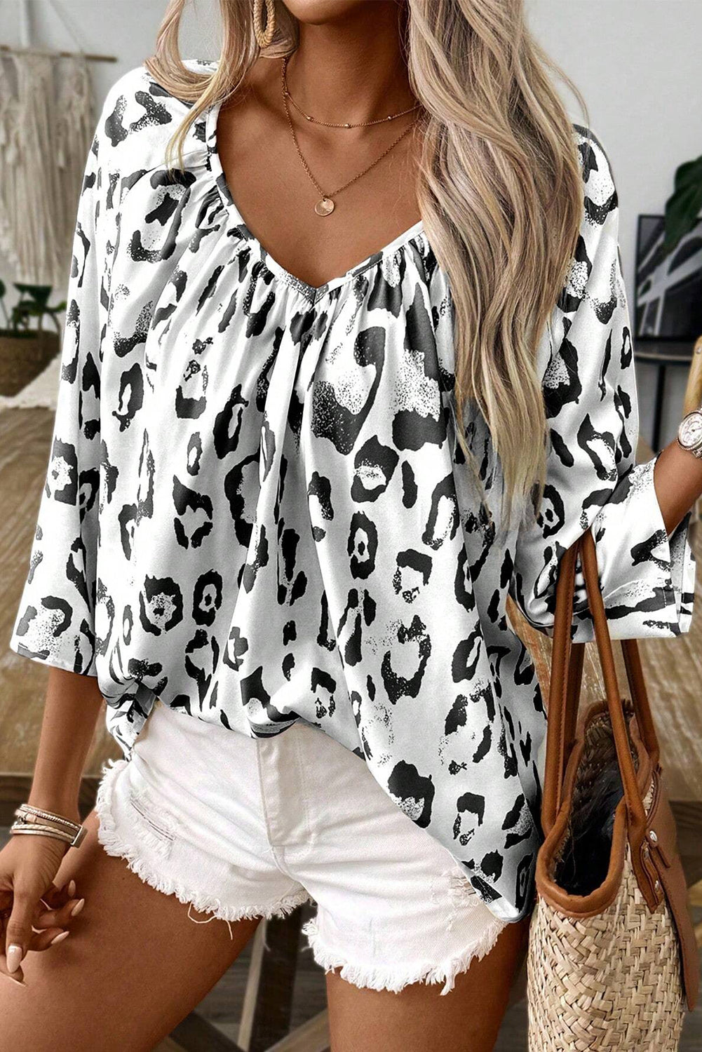 Leopard Ruched V Neck 3/4 Sleeve Blouse