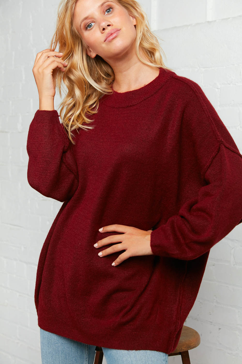 Burgundy Oversized Out Seam Knit Sweater Top