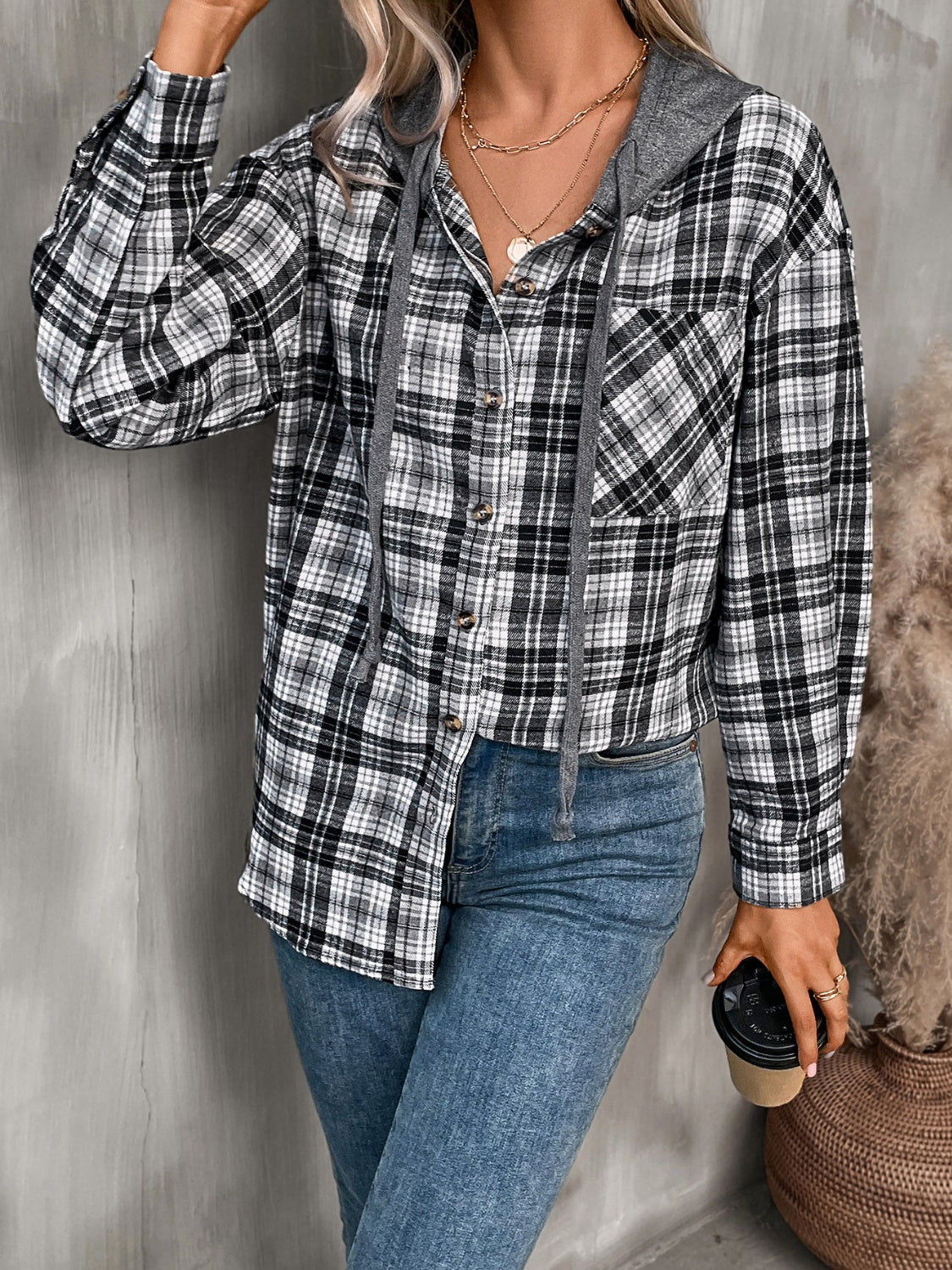 Plaid Long Sleeve Hooded Shirt