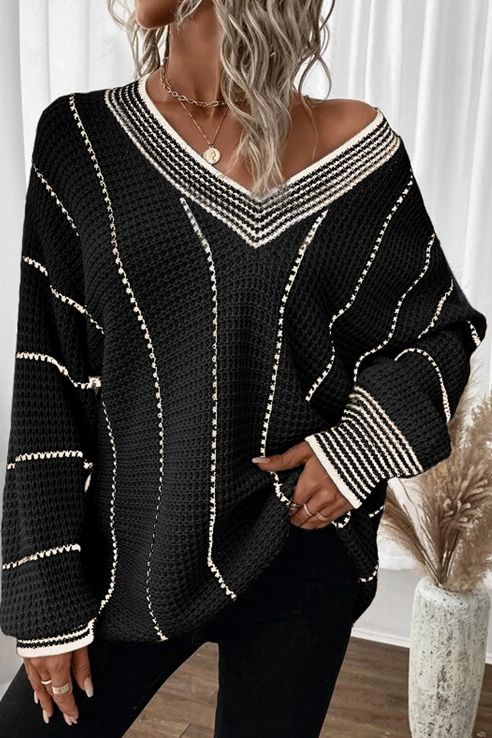 Colorblock Striped V Neck Knitted Sweater