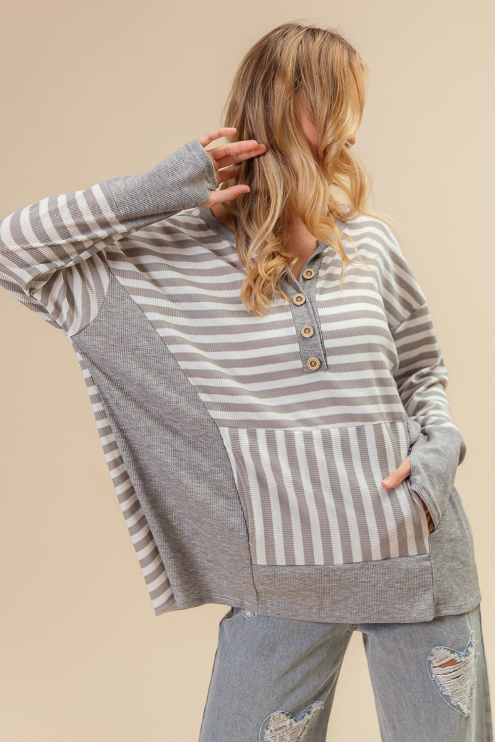 New Arrival✨BiBi Thermal Striped Thumbhole Long Sleeve Top