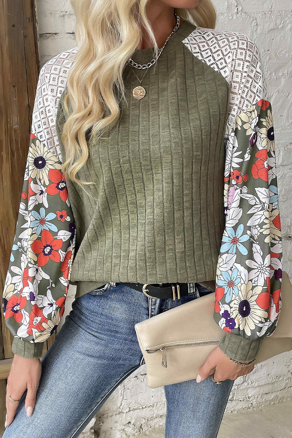 Floral Patchwork Ribbed Blouse